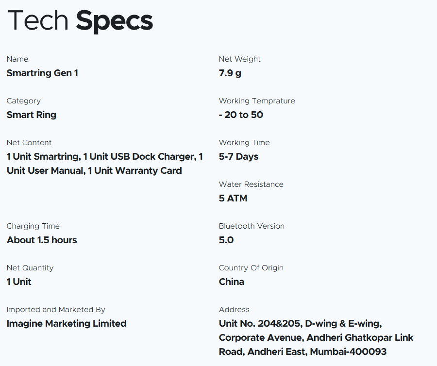 boat smart ring technical specifications